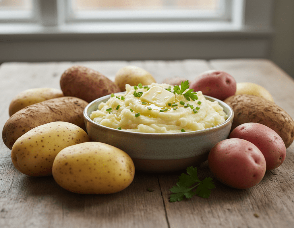 A beautiful selection of potato varieties ideal for creamy mashed potatoes elegantly arranged on a rustic wooden table. In the foreground, showcase a variety of potatoes, such as Yukon Gold, Russet, and Red potatoes, each with their unique textures and colors. The middle layer should feature a small bowl of creamy mashed potatoes adorned with a pat of butter melting on top and sprinkled with fresh herbs. In the background, include soft, natural lighting filtering through a nearby window, casting gentle shadows that enhance the warm, inviting atmosphere. Use a shallow depth of field to create a soft focus effect, emphasizing the potatoes and mashed potatoes while subtly blurring the background. The overall mood should evoke a sense of warmth and homeliness, perfect for cooking enthusiasts.
