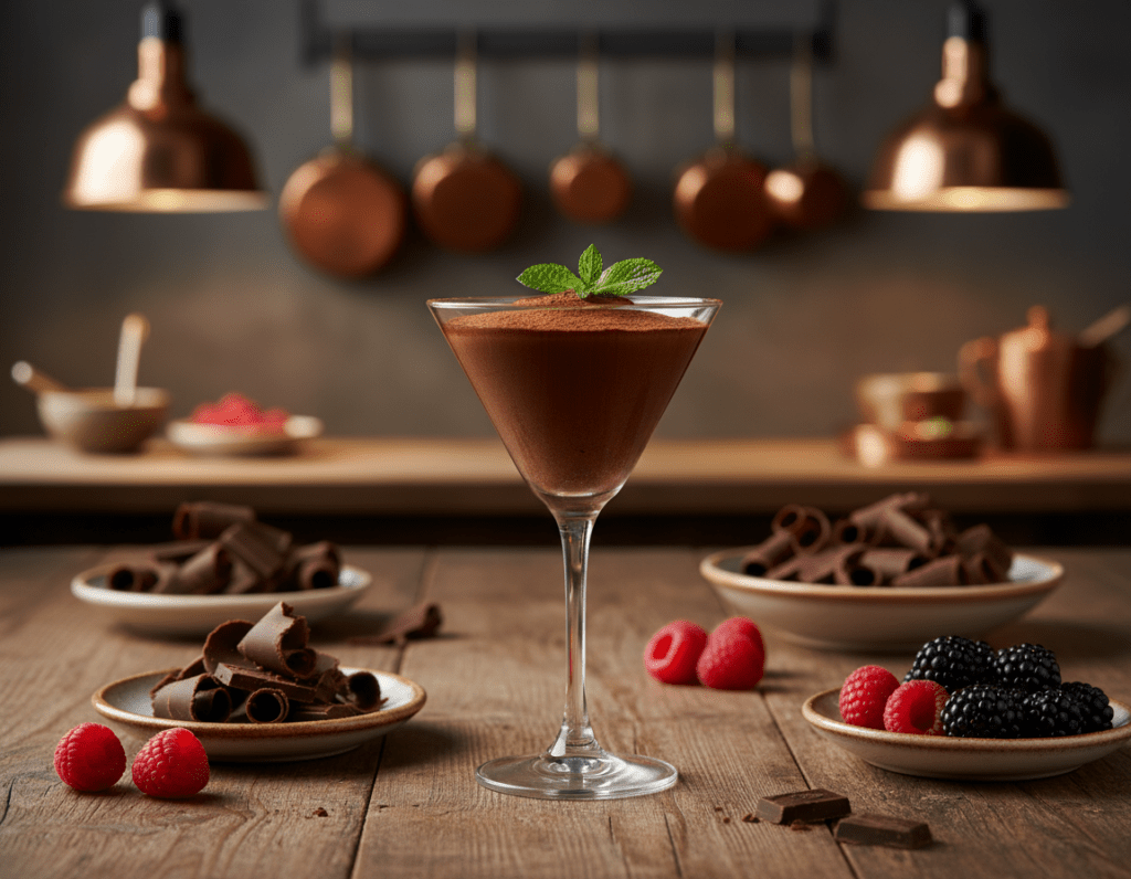 A beautifully arranged dessert table featuring a rich, velvety Mousse au Chocolat in elegant glassware. The foreground showcases a delicate glass dessert cup filled with smooth chocolate mousse, garnished with a light dusting of cocoa powder and a sprig of fresh mint. The middle ground includes a rustic wooden table, complemented by small plates of chocolate shavings and berries, emphasizing the indulgent theme. In the background, softly blurred kitchen elements create a warm, inviting atmosphere, with cozy lighting illuminating the scene from above, giving the mousse a sumptuous sheen. The overall mood is sophisticated and inviting, perfect for a culinary delight. Capture this scene from a slightly elevated angle to highlight the textures and layers of the mousse.