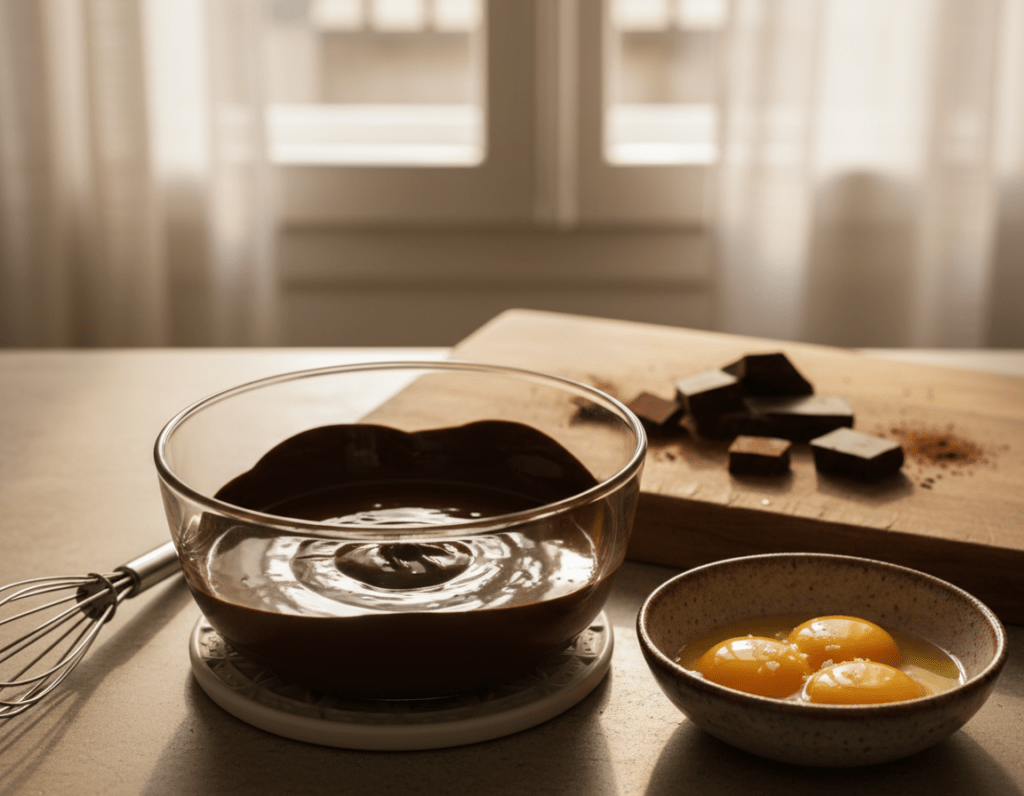 A beautifully arranged kitchen counter showcasing the preparation of Mousse au Chocolat. In the foreground, a glass mixing bowl filled with rich, melted dark chocolate, glistening in warm light. A whisk rests beside the bowl, indicating recent activity. In the middle, several egg yolks sit in a small dish, their golden color contrasting with the dark chocolate, alongside a delicate sprinkle of sea salt. The background features a blurry view of a wooden cutting board with scattered cocoa powder and a few pieces of chocolate. Soft, natural light streams from a nearby window, casting gentle shadows and creating a cozy, inviting atmosphere. The scene embodies warmth and culinary delight, capturing the essence of perfect chocolate and egg yolk combination.