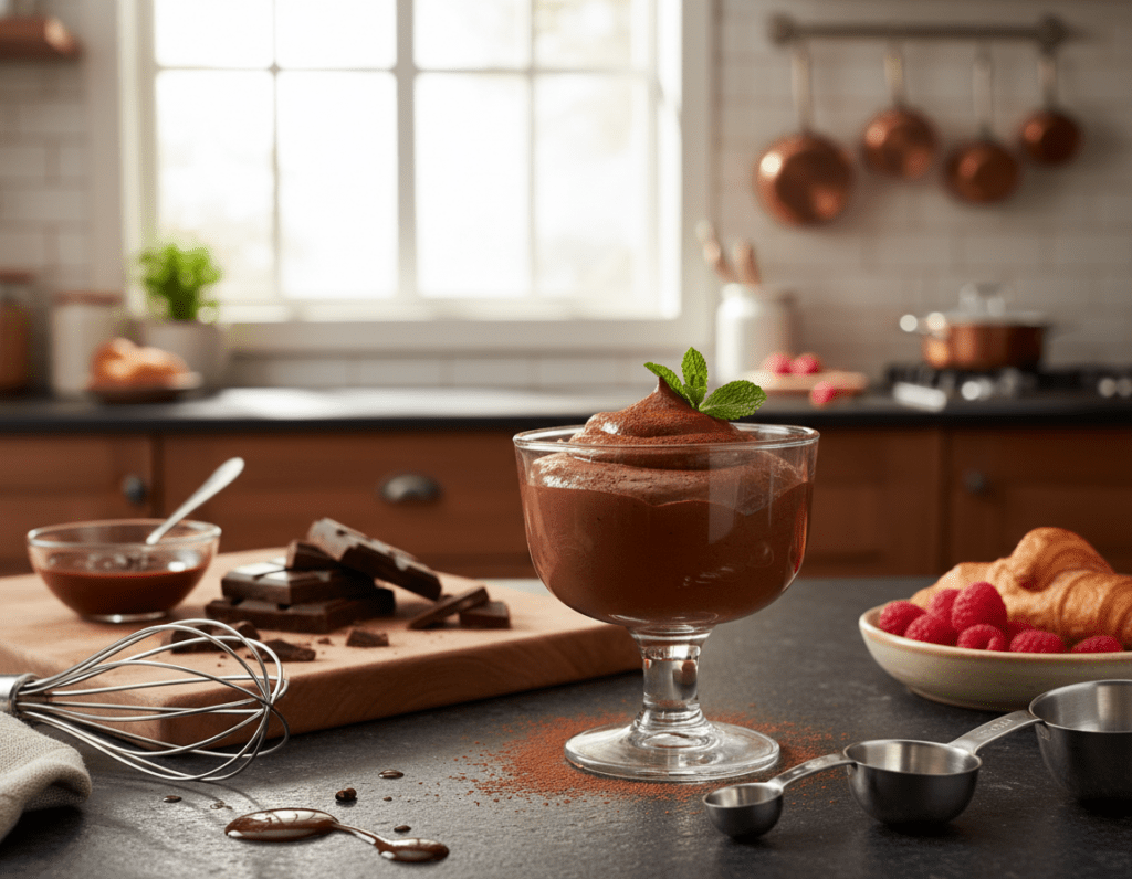 A beautifully arranged kitchen countertop showcasing a rich, glossy Mousse au Chocolat in a clear glass dessert cup. The mousse rises smoothly to a delicate peak, topped with a sprinkle of cocoa powder and a fresh mint leaf for contrast. In the foreground, kitchen utensils like a whisk and measuring cups are scattered, emphasizing the preparation process. The middle layer features a wooden cutting board with broken chocolate pieces and a bowl, indicating the use of high-quality ingredients. The background reveals a softly lit kitchen with warm, inviting tones, suggesting a cozy atmosphere. Natural light filters through a window, creating a gentle glow that highlights the textures of the mousse and the smooth surfaces. The mood is cheerful and inviting, perfect for good cooking and avoiding common mistakes in preparation.