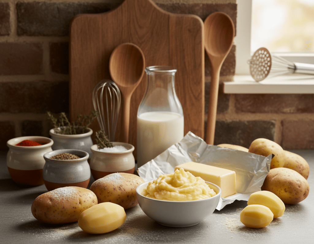 A beautifully arranged kitchen countertop showcasing the ingredients for creamy mashed potatoes. In the foreground, a small bowl of fluffy, golden potato puree is featured, surrounded by fresh, whole potatoes. Medium in the composition, a glass bottle of milk stands next to a stick of rich, yellow butter, both glistening softly under warm kitchen lighting. Scattered around are various spices in small ceramic containers, emphasizing the importance of flavor in the dish. In the background, a wooden cutting board and a few kitchen utensils create a cozy cooking atmosphere. The scene captures a warm, inviting mood with soft, natural light highlighting the textures and colors of the ingredients, suggesting a delicious culinary experience ahead.