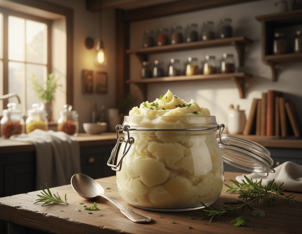 A beautifully arranged kitchen scene featuring homemade mashed potatoes stored in an airtight container. In the foreground, a clear glass bowl overflowing with creamy, fluffy, and smooth potato puree, garnished with a sprinkle of parsley. In the middle, the bowl rests on a rustic wooden table alongside a vintage spoon and a sprig of fresh herbs. The background shows a rustic kitchen with wooden shelves filled with jars of spices and cookbooks, softly lit by warm, ambient lighting that creates a cozy atmosphere. The overall mood is inviting and homey, emphasizing the warmth of a freshly prepared meal. The angle is slightly elevated, capturing the depth of the kitchen while focusing on the mashed potatoes as the centerpiece of attention.