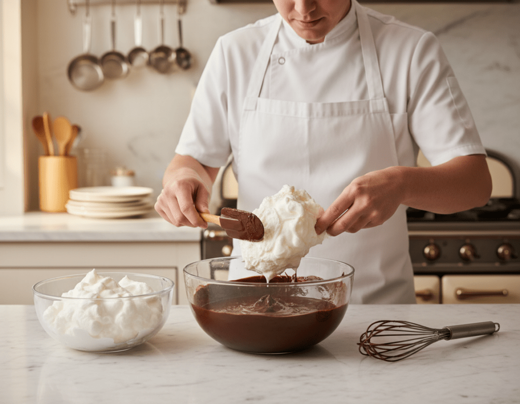 A beautifully arranged kitchen scene showcasing the preparation of Mousse au Chocolat. In the foreground, a large glass bowl filled with rich, dark chocolate mixture sits on a marble countertop, with a whisk resting beside it. Delicate egg whites are in a separate bowl, glistening as if freshly whipped. The middle layer features a chef in a white apron, carefully folding the egg whites into the chocolate using a spatula, with an expression of concentration. The background includes kitchen utensils, measuring cups, and a softly glowing stove, enhancing the cozy atmosphere. Warm, diffuse lighting creates a welcoming feel, highlighting the textures of the ingredients. The image captures a sweet moment of culinary artistry, emphasizing the technique of folding in the egg mixture for a perfect Mousse au Chocolat.