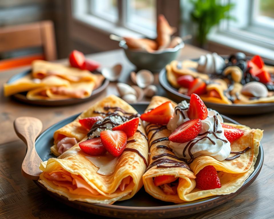 A beautifully arranged plate of Crêpes and Galettes from Brittany, showcasing a variety of fillings: savory galettes with ham and cheese, and sweet crêpes topped with fresh strawberries, whipped cream, and a drizzle of chocolate. In the foreground, vibrant colors highlight the textures of the crepes, while a small wooden spatula rests beside them. The middle ground features a rustic wooden table adorned with a few scattered seashells and a small bowl of fresh seafood, emphasizing the coastal culinary theme. The background should subtly hint at a cozy Breton café atmosphere, with soft natural lighting filtering through a window, creating a warm and inviting mood. Use a shallow depth of field to focus on the food, evoking a sense of gourmet delight. A beautifully arranged plate of Crêpes and Galettes from Brittany, showcasing a variety of fillings: savory galettes with ham and cheese, and sweet crêpes topped with fresh strawberries, whipped cream, and a drizzle of chocolate. In the foreground, vibrant colors highlight the textures of the crepes, while a small wooden spatula rests beside them. The middle ground features a rustic wooden table adorned with a few scattered seashells and a small bowl of fresh seafood, emphasizing the coastal culinary theme. The background should subtly hint at a cozy Breton café atmosphere, with soft natural lighting filtering through a window, creating a warm and inviting mood. Use a shallow depth of field to focus on the food, evoking a sense of gourmet delight.