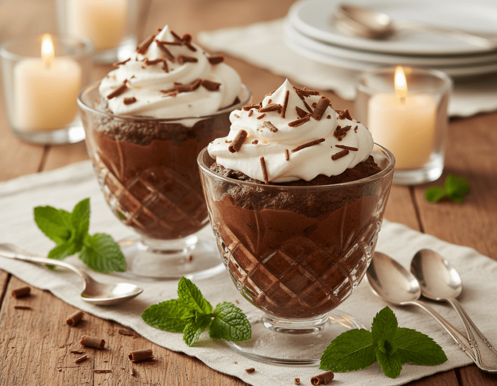 A beautifully arranged serving of Mousse au Chocolat placed elegantly in crystal dessert glasses, garnished with a dollop of fresh whipped cream and delicate chocolate shavings on top. Surround the glasses with fresh mint leaves for a pop of color. In the background, a softly blurred wooden table setting adorned with a light linen tablecloth and subtle decorative elements like small candles and elegant dessert utensils. The lighting is warm and inviting, casting a soft glow that enhances the rich, dark chocolate color of the mousse. The angle is a close-up shot, focusing on the textures and details of the dessert, creating an indulgent and sophisticated atmosphere perfect for a festive presentation.