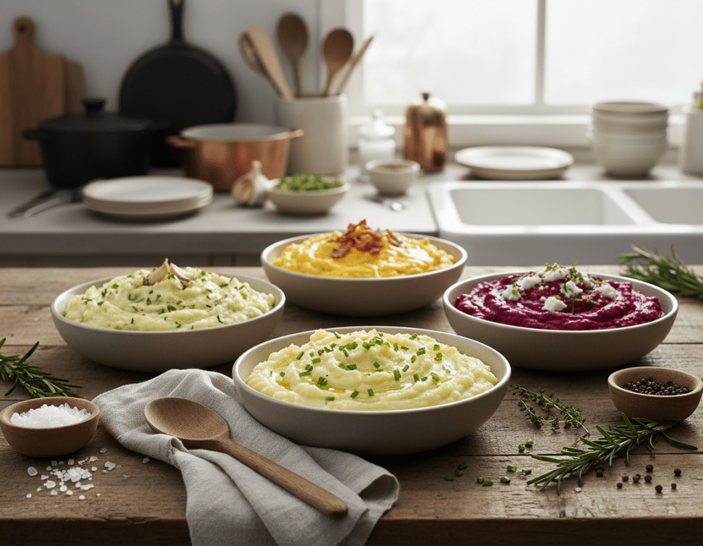 A beautifully arranged table showcasing a variety of mashed potato dishes, highlighting creative variations and ingredients. In the foreground, a creamy, fluffy potato purée, garnished with vibrant green chives and a drizzle of golden olive oil, alongside a rustic wooden spoon. In the middle, bowls of different mashed potato styles: one mixed with roasted garlic and herbs, another infused with cheddar cheese, and a third with colorful beetroot for a pink hue. The background features a soft-focus kitchen setting, bathed in warm, natural light, enhancing the inviting atmosphere. The scene conveys warmth and culinary creativity, inviting viewers to explore the delicious possibilities of homemade mashed potatoes.