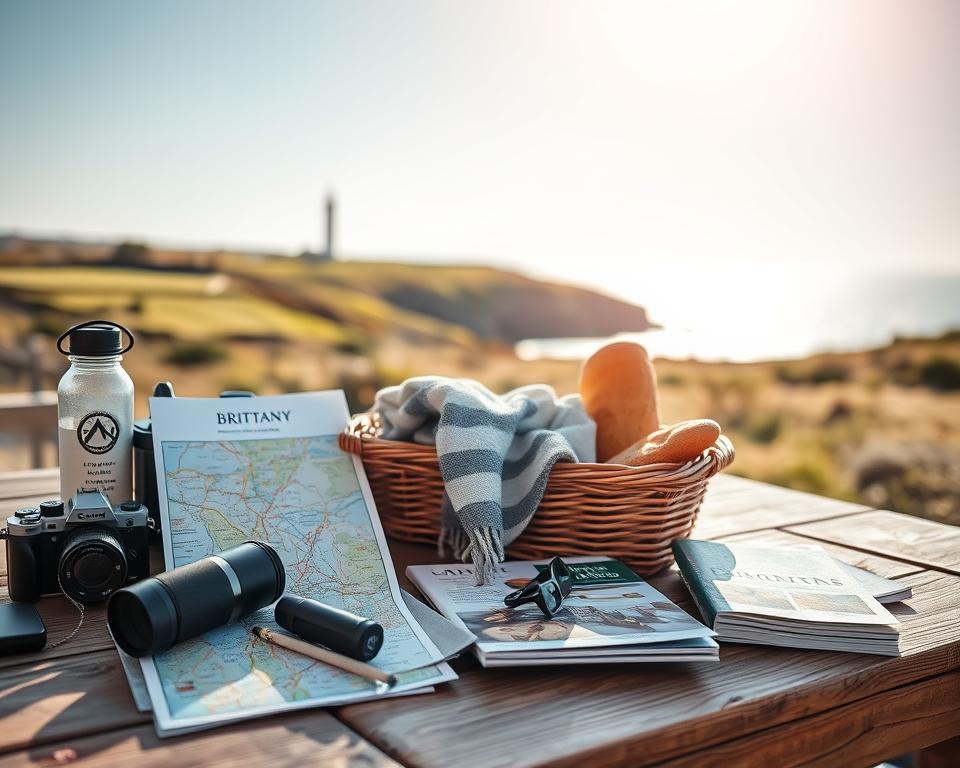 A beautifully arranged travel checklist for a road trip in Brittany, displayed on a rustic wooden table. In the foreground, neatly packed essentials like a map of Brittany, a camera, a pair of binoculars, a reusable water bottle, and a light rain jacket. In the middle ground, a cozy blanket and a travel guide resting beside a basket filled with fresh bread and local delicacies, evoking the culinary charm of the region. The background features a soft focus of a scenic Brittany coastal landscape, with gently rolling hills and the distant silhouette of a lighthouse under a bright blue sky. Warm, inviting sunlight filters through, creating a cheerful and adventurous atmosphere perfect for a travel experience. A beautifully arranged travel checklist for a road trip in Brittany, displayed on a rustic wooden table. In the foreground, neatly packed essentials like a map of Brittany, a camera, a pair of binoculars, a reusable water bottle, and a light rain jacket. In the middle ground, a cozy blanket and a travel guide resting beside a basket filled with fresh bread and local delicacies, evoking the culinary charm of the region. The background features a soft focus of a scenic Brittany coastal landscape, with gently rolling hills and the distant silhouette of a lighthouse under a bright blue sky. Warm, inviting sunlight filters through, creating a cheerful and adventurous atmosphere perfect for a travel experience.