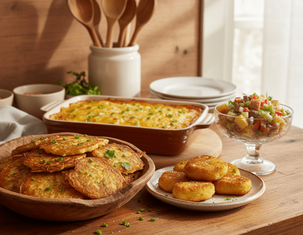 A beautifully styled kitchen countertop featuring a delightful array of leftover mashed potatoes creatively transformed into various dishes. In the foreground, a rustic wooden serving bowl holds creamy potato pancakes, garnished with fresh herbs, and beside it, a small plate of crispy potato croquettes. The middle ground showcases a luscious potato casserole, bubbling with cheese, while a delicate glass dish contains a vibrant potato salad with diced vegetables. The background is softly blurred, revealing a warm, inviting kitchen ambiance filled with wooden utensils and subtle sunlight filtering through a window. The overall mood is cozy and homely, evoking the joy of cooking with leftovers. Lighting is warm and natural, highlighting the textures of the food.