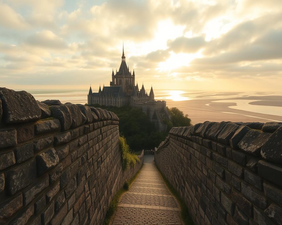 A breathtaking view of Mont-Saint-Michel, capturing its iconic Gothic and Romanesque architecture. In the foreground, textured stone walls showcase intricate carvings and flying buttresses, with lush greenery and cobblestone pathways leading towards the structure. The middle ground features the grand abbey, its towering spires and steeples reaching into a cloudy sky, bathed in the warm glow of early morning light. The background reveals the tidal sands, shimmering with reflections as the water recedes, creating a serene atmosphere. The scene should evoke a sense of timelessness and majesty, highlighting the fortress-like qualities of the monument. Use a wide-angle lens to enhance the scale and depth, ensuring a clear focus on the architectural details and the enchanting environment.