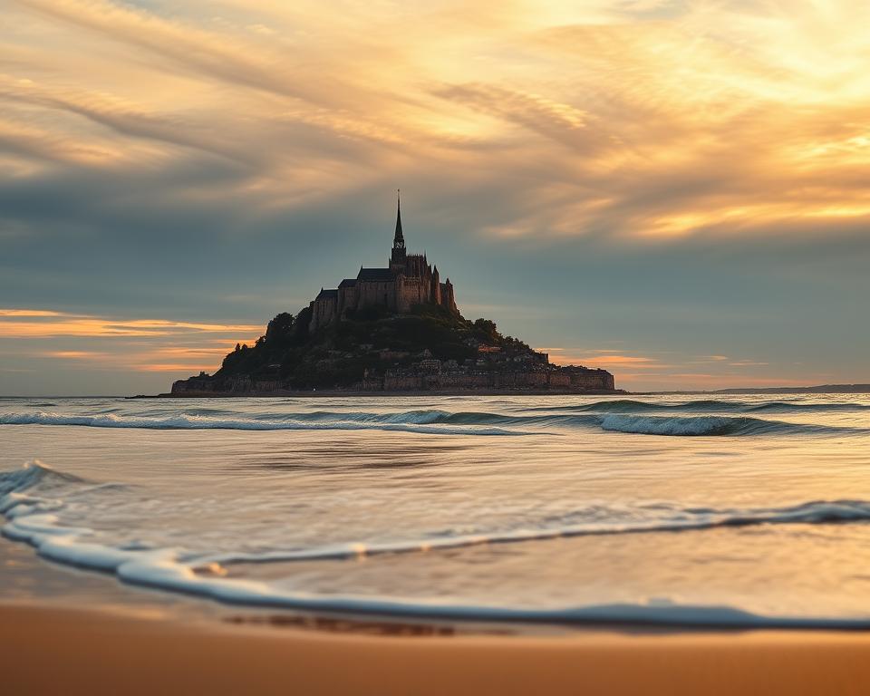 A breathtaking view of Mont-Saint-Michel during a dramatic tidal shift, showcasing the island's iconic silhouette against a shifting horizon. In the foreground, gentle waves wash over the sandy beach, reflecting the warm golden hues of a sunset. The middle ground features the fortified abbey perched atop the rocky island, with its spires gleaming in the soft light. In the background, the expansive bay stretches out into the distance, with undulating patterns of water and clouds creating a dynamic sky that hints at the natural phenomena of tidal changes. Capture the scene from a low angle, emphasizing the grandeur of the abbey and the vastness of the bay, conveying a sense of awe and tranquility in this serene moment. A breathtaking view of Mont-Saint-Michel during a dramatic tidal shift, showcasing the island's iconic silhouette against a shifting horizon. In the foreground, gentle waves wash over the sandy beach, reflecting the warm golden hues of a sunset. The middle ground features the fortified abbey perched atop the rocky island, with its spires gleaming in the soft light. In the background, the expansive bay stretches out into the distance, with undulating patterns of water and clouds creating a dynamic sky that hints at the natural phenomena of tidal changes. Capture the scene from a low angle, emphasizing the grandeur of the abbey and the vastness of the bay, conveying a sense of awe and tranquility in this serene moment.