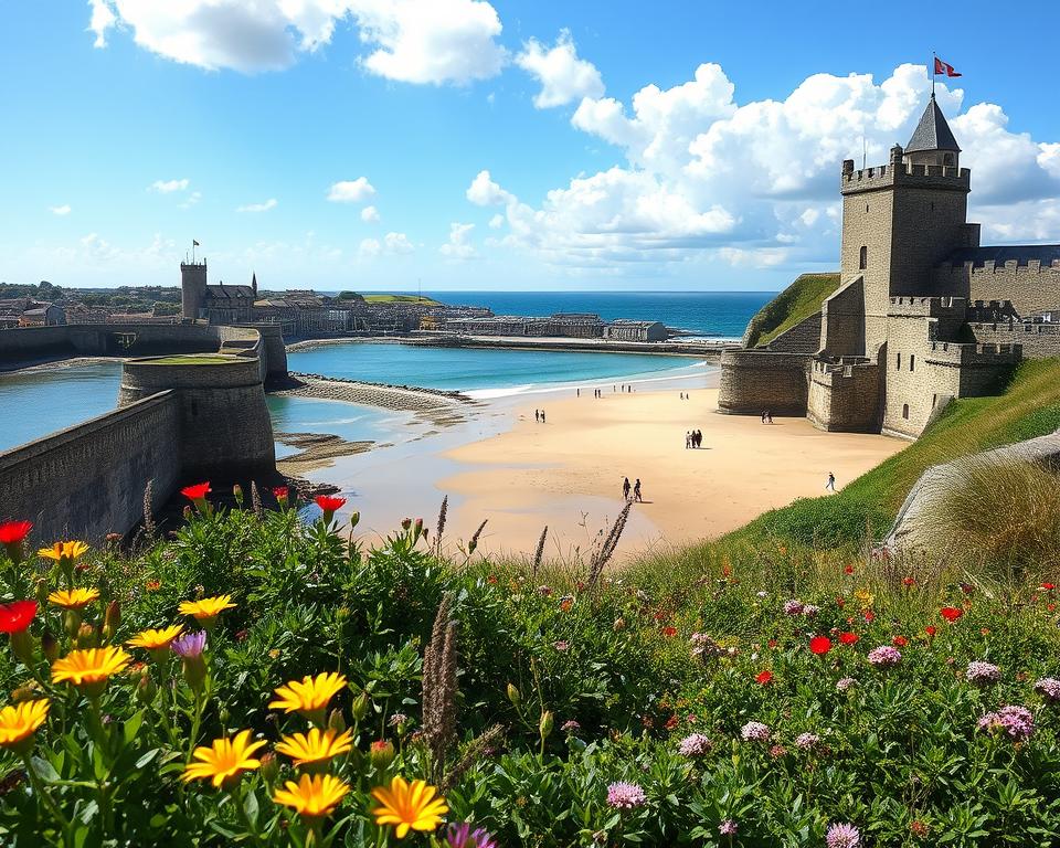 A breathtaking view of the historic city of Saint-Malo, showcasing its iconic ramparts and the impressive granite structures of the medieval fortifications. In the foreground, include vibrant flowers and greenery that flourish in the coastal landscape. The middle ground features the dramatic, windswept beach, with gentle waves lapping at the shore, and local visitors exploring the area, dressed in casual but tasteful clothing. In the background, capture the striking silhouette of the town’s ancient towers and the vast expanse of the azure sea, under a brilliant blue sky with fluffy white clouds. The lighting is warm and inviting, suggesting an afternoon in late spring, creating a tranquil and charming atmosphere that invites exploration and adventure. Use a wide-angle lens effect to encompass the grandeur of the scene.