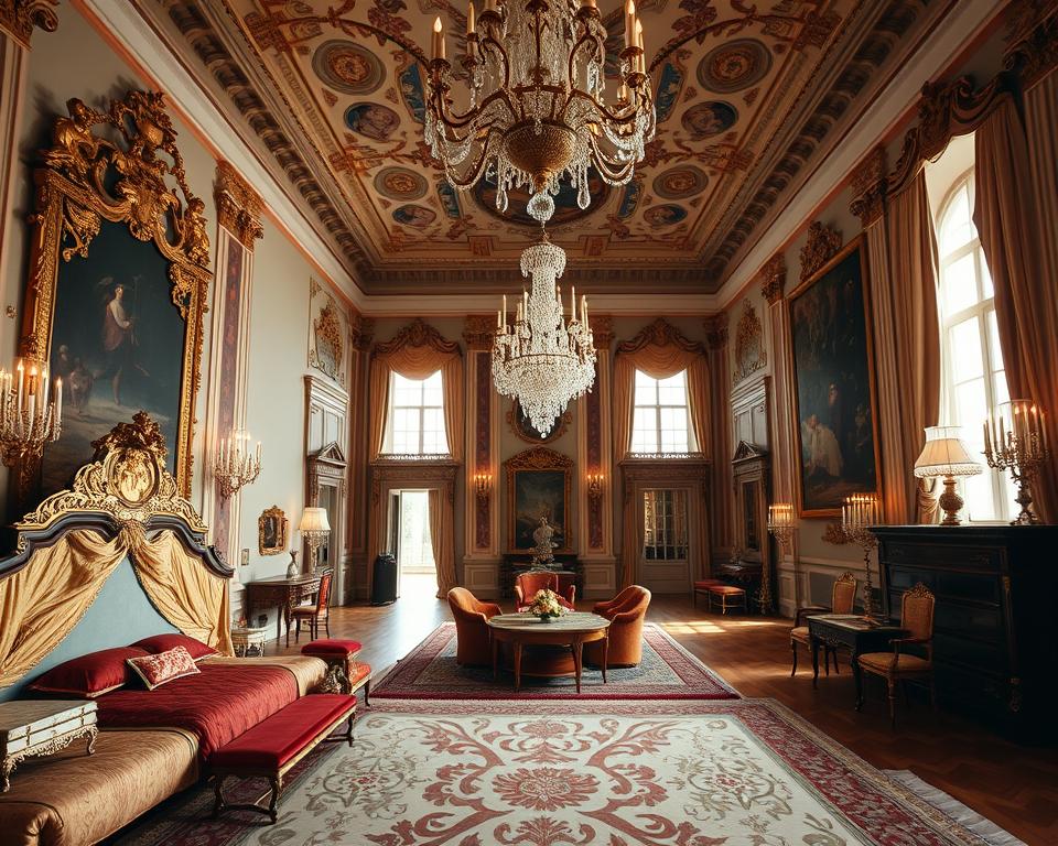 A breathtaking view of the royal chambers of Versailles, capturing the opulence and grandeur of the palace interiors. In the foreground, an elegantly furnished bedroom with a lush, ornate bed draped in rich fabrics, surrounded by gilded mirrors and intricate woodwork. The middle space features a luxurious salon adorned with crystal chandeliers, sumptuous upholstery, and exquisite artworks lining the walls. To the background, grand state rooms with high ceilings, decorated with majestic frescoes and lavish gold accents, demonstrating the architectural beauty of the era. Soft, warm lighting filters through large windows, creating a cozy yet regal atmosphere, inviting viewers to step into this historical haven. The angle presents a wide perspective that emphasizes the scale and design of the royal quarters, evoking a sense of awe and magnificence. A breathtaking view of the royal chambers of Versailles, capturing the opulence and grandeur of the palace interiors. In the foreground, an elegantly furnished bedroom with a lush, ornate bed draped in rich fabrics, surrounded by gilded mirrors and intricate woodwork. The middle space features a luxurious salon adorned with crystal chandeliers, sumptuous upholstery, and exquisite artworks lining the walls. To the background, grand state rooms with high ceilings, decorated with majestic frescoes and lavish gold accents, demonstrating the architectural beauty of the era. Soft, warm lighting filters through large windows, creating a cozy yet regal atmosphere, inviting viewers to step into this historical haven. The angle presents a wide perspective that emphasizes the scale and design of the royal quarters, evoking a sense of awe and magnificence.