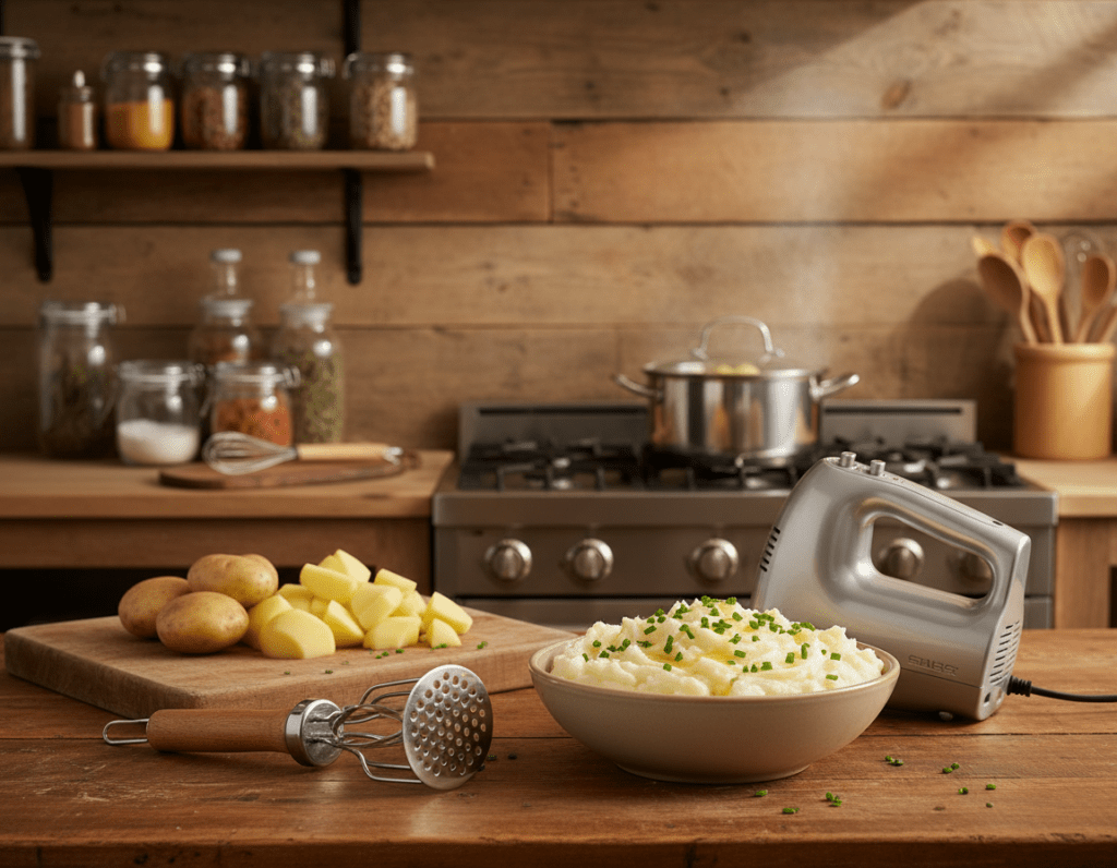 A cozy kitchen scene featuring essential kitchen appliances for making perfect mashed potatoes. In the foreground, a sturdy potato masher and a hand mixer are placed on a wooden countertop, alongside a bowl of creamy mashed potatoes garnished with fresh herbs. In the middle, a quality cutting board displays freshly peeled, cut potatoes, and a saucepan simmering on the stove emits a gentle steam. The background showcases rustic kitchen shelves filled with jars of spices and other cooking utensils, bathed in warm, golden lighting that creates an inviting atmosphere. The focus is sharp on the kitchen tools, with a soft bokeh effect on the background elements. The overall mood is warm and homey, encouraging the viewer to engage in cooking.