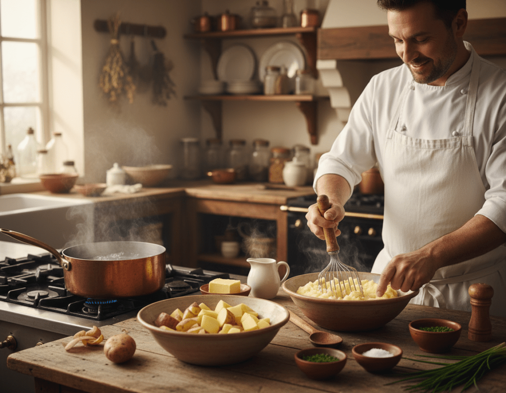 A cozy kitchen setting showcasing the step-by-step preparation of creamy mashed potatoes. In the foreground, a rustic wooden table displays peeled and chopped potatoes in a bowl, a pot of boiling water is visible nearby. A chef, dressed in a neat white apron, is mashing the potatoes with a vintage potato masher, exuding a sense of warmth and homeliness. In the middle ground, an array of ingredients like butter, cream, and salt are elegantly arranged, while a wooden spoon rests beside the bowl. The background reveals a softly lit kitchen with shelves adorned with kitchen utensils and herbs. Natural light streams in through a nearby window, creating a bright and inviting atmosphere. The focus should be on the preparation process, emphasizing technique and comfort.