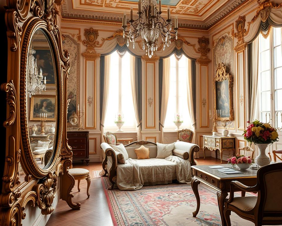 A lavish and opulent interior of Marie-Antoinette's private rooms at Versailles, showcasing exquisite Rococo decor. In the foreground, an elaborately designed gold-framed mirror reflects delicate chandeliers and rich tapestries. The middle ground features a luxurious daybed draped in soft silk fabrics, with ornate floral patterns, surrounded by antique furniture, including a writing desk adorned with fine porcelain and pretty floral arrangements. The background reveals intricate wall paneling, with soft pastel colors and gilded accents, bathed in gentle, diffused sunlight filtering through tall windows. The atmosphere is serene and elegant, inviting viewers into a world of regal sophistication and intimate daily life at the court. Capture the splendor and intimacy with a slightly elevated angle to emphasize the grandeur of the space. A lavish and opulent interior of Marie-Antoinette's private rooms at Versailles, showcasing exquisite Rococo decor. In the foreground, an elaborately designed gold-framed mirror reflects delicate chandeliers and rich tapestries. The middle ground features a luxurious daybed draped in soft silk fabrics, with ornate floral patterns, surrounded by antique furniture, including a writing desk adorned with fine porcelain and pretty floral arrangements. The background reveals intricate wall paneling, with soft pastel colors and gilded accents, bathed in gentle, diffused sunlight filtering through tall windows. The atmosphere is serene and elegant, inviting viewers into a world of regal sophistication and intimate daily life at the court. Capture the splendor and intimacy with a slightly elevated angle to emphasize the grandeur of the space.