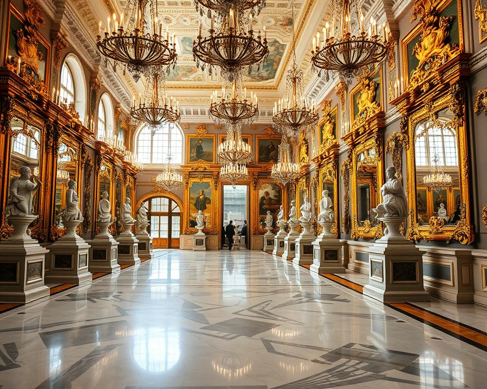A lavish view of the Spiegelgalerie in the Palace of Versailles, showcasing the grand hall filled with ornate chandeliers and an abundance of mirrors reflecting the intricate gold detailing on the walls. In the foreground, elegant marble floors lead towards the magnificent arches adorned with classical sculptures. The middle ground features rows of gilded mirrors framed in ornate designs, enhancing the opulence of the space. The background reveals large windows allowing soft, natural light to pour in, illuminating the space with a warm glow. Capture the ambience of regal elegance and historical significance, with a wide-angle perspective to emphasize the expansive nature of the gallery and its breathtaking decor. A lavish view of the Spiegelgalerie in the Palace of Versailles, showcasing the grand hall filled with ornate chandeliers and an abundance of mirrors reflecting the intricate gold detailing on the walls. In the foreground, elegant marble floors lead towards the magnificent arches adorned with classical sculptures. The middle ground features rows of gilded mirrors framed in ornate designs, enhancing the opulence of the space. The background reveals large windows allowing soft, natural light to pour in, illuminating the space with a warm glow. Capture the ambience of regal elegance and historical significance, with a wide-angle perspective to emphasize the expansive nature of the gallery and its breathtaking decor.