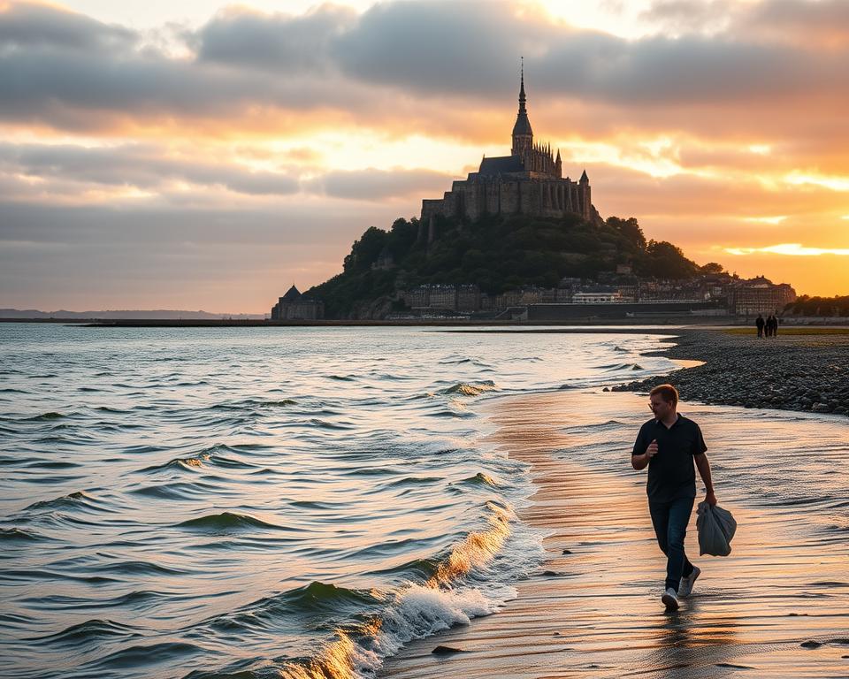 A majestic view of Mont-Saint-Michel in Normandy during the golden hour, showcasing the iconic abbey perched atop the rocky island. In the foreground, gentle waves lap at the shoreline, reflecting the warm hues of the sunset. The middle ground features pilgrims in modest casual clothing walking along the tidal causeway, their faces filled with awe as they approach the abbey. The background presents the dramatic silhouette of Mont-Saint-Michel, with its spires and architectural details illuminated against a cloudy sky, evoking a sense of history and reverence. The scene is captured with a wide-angle lens, enhancing the grandeur of the abbey, while soft, diffused lighting creates a serene and contemplative mood.