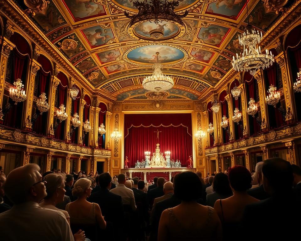 A majestic view of the Königliche Oper Versailles, showcasing its opulent interior adorned with intricate gold leaf details and lavish red velvet curtains. In the foreground, an elegant audience dressed in formal attire is seated, their expressions filled with admiration. The middle ground features the grand stage, brilliantly illuminated by soft, warm lighting that highlights the ornate proscenium arch. The backdrop displays stunning frescoes and chandeliers, emanating a sense of regal elegance. The image should be captured from a slightly elevated angle to give a comprehensive view of the hall’s architectural splendor, creating a mood of grandeur and cultural richness, reflective of the vibrant court life during the reign of Louis XIV. A majestic view of the Königliche Oper Versailles, showcasing its opulent interior adorned with intricate gold leaf details and lavish red velvet curtains. In the foreground, an elegant audience dressed in formal attire is seated, their expressions filled with admiration. The middle ground features the grand stage, brilliantly illuminated by soft, warm lighting that highlights the ornate proscenium arch. The backdrop displays stunning frescoes and chandeliers, emanating a sense of regal elegance. The image should be captured from a slightly elevated angle to give a comprehensive view of the hall’s architectural splendor, creating a mood of grandeur and cultural richness, reflective of the vibrant court life during the reign of Louis XIV.