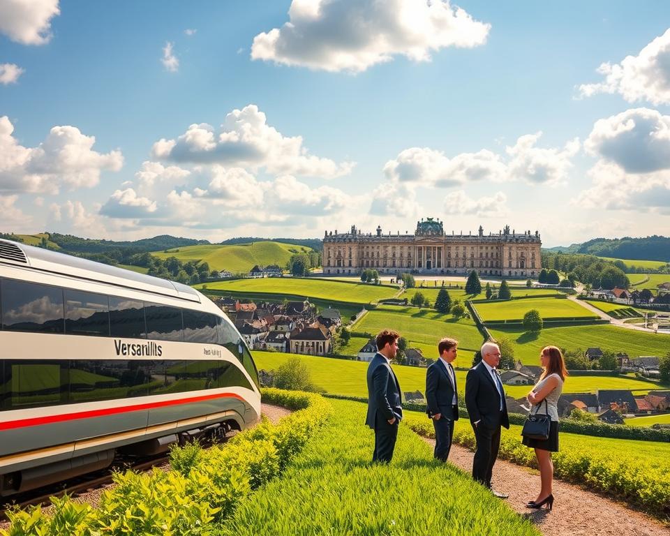 A picturesque scene depicting the journey from Germany to the grandeur of Versailles, France. In the foreground, a sleek, modern train travels along lush green fields, symbolizing an efficient and stress-free transportation option. The middle ground showcases rolling hills dotted with quaint European villages, with travel professionals dressed in smart business attire, engaging in friendly conversation, embodying a sense of anticipation for the visit. In the background, the iconic silhouette of the Palace of Versailles looms majestically under a bright blue sky with fluffy white clouds, reflecting the golden splendor of its architecture. The scene is bathed in warm, inviting sunlight, creating a sense of warmth and excitement. The image captures a spirit of adventure and elegance, perfect for highlighting the journey to Versailles. A picturesque scene depicting the journey from Germany to the grandeur of Versailles, France. In the foreground, a sleek, modern train travels along lush green fields, symbolizing an efficient and stress-free transportation option. The middle ground showcases rolling hills dotted with quaint European villages, with travel professionals dressed in smart business attire, engaging in friendly conversation, embodying a sense of anticipation for the visit. In the background, the iconic silhouette of the Palace of Versailles looms majestically under a bright blue sky with fluffy white clouds, reflecting the golden splendor of its architecture. The scene is bathed in warm, inviting sunlight, creating a sense of warmth and excitement. The image captures a spirit of adventure and elegance, perfect for highlighting the journey to Versailles.