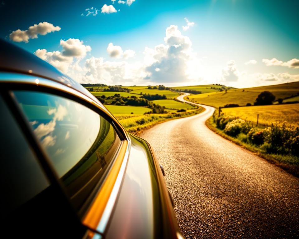 A picturesque scene depicting the journey to Brittany by car, focusing on an elegant vehicle parked near a scenic road. In the foreground, a well-maintained car with a glossy finish, reflecting the sunlight, is set against a backdrop of lush green fields and rolling hills. The middle ground features a winding road leading towards Brittany, bordered by charming wildflowers. In the background, soft, fluffy clouds float in a brilliant blue sky, hinting at a pleasant day. The atmosphere is calm and inviting, evoking the anticipation of a relaxing road trip. The light is warm and golden, reminiscent of an early morning or late afternoon sun, casting gentle shadows that enhance the feeling of serenity in the countryside. A picturesque scene depicting the journey to Brittany by car, focusing on an elegant vehicle parked near a scenic road. In the foreground, a well-maintained car with a glossy finish, reflecting the sunlight, is set against a backdrop of lush green fields and rolling hills. The middle ground features a winding road leading towards Brittany, bordered by charming wildflowers. In the background, soft, fluffy clouds float in a brilliant blue sky, hinting at a pleasant day. The atmosphere is calm and inviting, evoking the anticipation of a relaxing road trip. The light is warm and golden, reminiscent of an early morning or late afternoon sun, casting gentle shadows that enhance the feeling of serenity in the countryside.