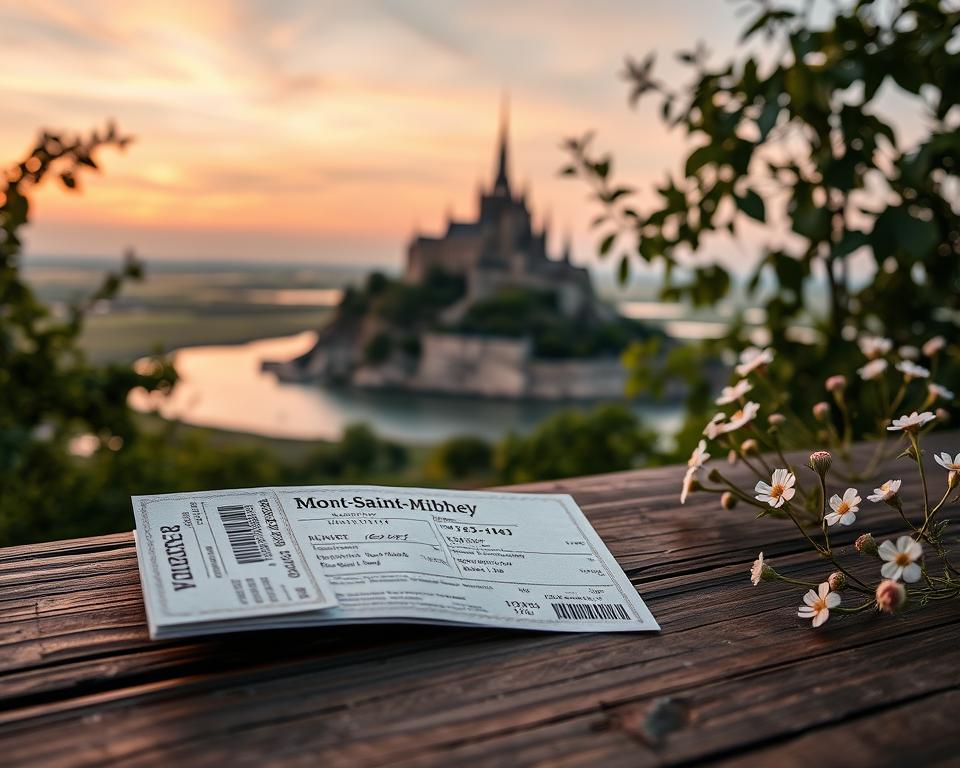 A picturesque scene showcasing the entrance tickets to Mont-Saint-Michel Abbey, placed on a rustic wooden table in the foreground. The tickets, beautifully designed with intricate details, are partially unfurled to reveal an enchanting view of the abbey in the background. Above, the sky is painted in soft pastel hues during sunrise, casting a warm glow over the majestic abbey perched on its rocky island. Surrounding the scene, lush greenery and delicate wildflowers frame the composition, enhancing the serene atmosphere. The image is captured with a shallow depth of field, focusing on the tickets while the abbey is slightly blurred, evoking a sense of anticipation for visitors. The ambiance is tranquil and inviting, perfect for highlighting the journey to this historical gem. A picturesque scene showcasing the entrance tickets to Mont-Saint-Michel Abbey, placed on a rustic wooden table in the foreground. The tickets, beautifully designed with intricate details, are partially unfurled to reveal an enchanting view of the abbey in the background. Above, the sky is painted in soft pastel hues during sunrise, casting a warm glow over the majestic abbey perched on its rocky island. Surrounding the scene, lush greenery and delicate wildflowers frame the composition, enhancing the serene atmosphere. The image is captured with a shallow depth of field, focusing on the tickets while the abbey is slightly blurred, evoking a sense of anticipation for visitors. The ambiance is tranquil and inviting, perfect for highlighting the journey to this historical gem.