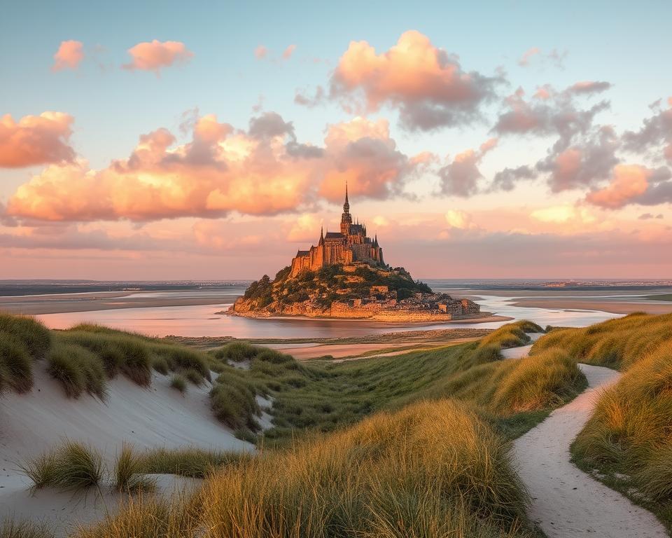 A picturesque view of Mont-Saint-Michel during the golden hour, capturing the enchanting island commune rising majestically from the surrounding tidal waters. In the foreground, gently rolling sand dunes and patches of green grasses frame the scene, while a winding path invites exploration. The middle ground showcases the intricate architecture of Mont-Saint-Michel, with its towering spires and medieval buildings, beautifully lit by the warm glow of the setting sun. In the background, dramatic clouds float across the sky, reflecting shades of orange and pink, adding depth and a sense of wonder. The image conveys a serene and magical atmosphere, inviting the viewer to discover the beauty of this iconic location. Use a wide-angle lens to capture the grandeur and expansive feel of the landscape, ensuring a clear and vivid rendering. A picturesque view of Mont-Saint-Michel during the golden hour, capturing the enchanting island commune rising majestically from the surrounding tidal waters. In the foreground, gently rolling sand dunes and patches of green grasses frame the scene, while a winding path invites exploration. The middle ground showcases the intricate architecture of Mont-Saint-Michel, with its towering spires and medieval buildings, beautifully lit by the warm glow of the setting sun. In the background, dramatic clouds float across the sky, reflecting shades of orange and pink, adding depth and a sense of wonder. The image conveys a serene and magical atmosphere, inviting the viewer to discover the beauty of this iconic location. Use a wide-angle lens to capture the grandeur and expansive feel of the landscape, ensuring a clear and vivid rendering.
