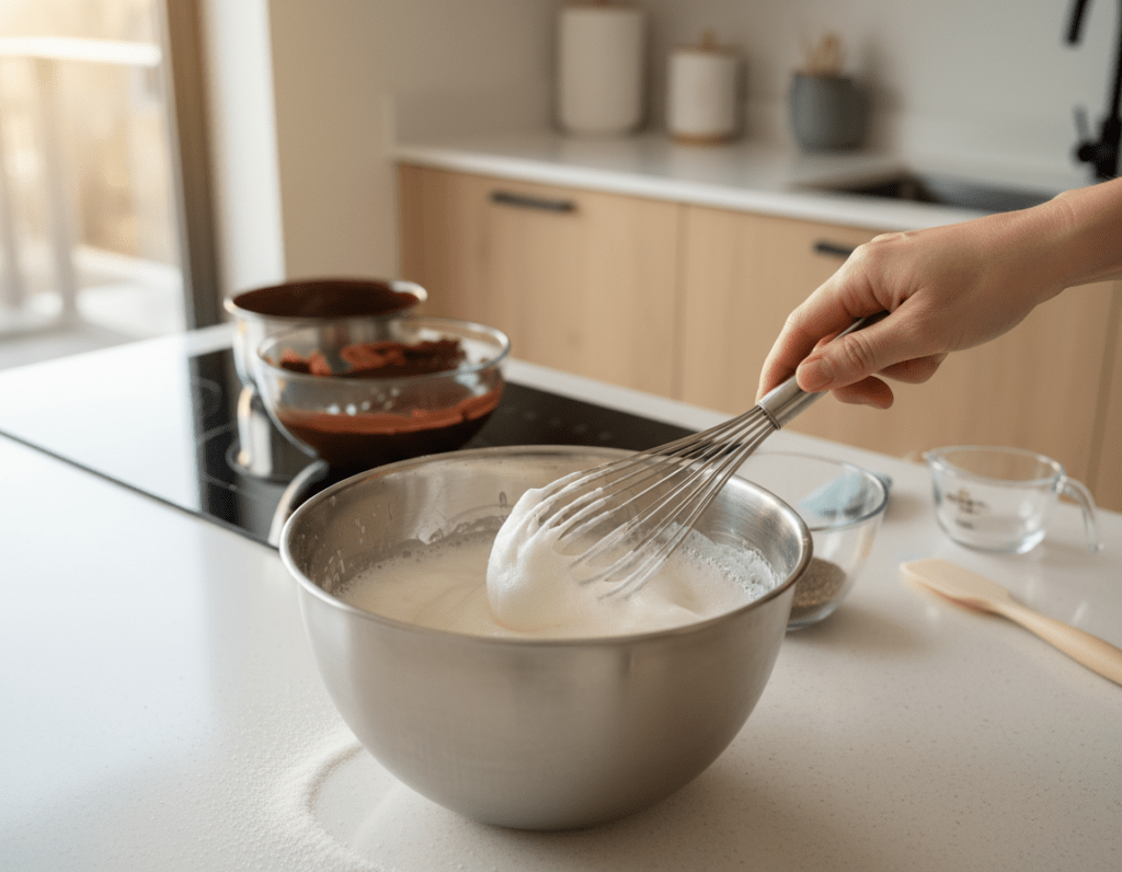 A pristine kitchen countertop, featuring a stainless steel bowl filled with creamy egg whites being whipped into soft peaks by a hand whisk. In the foreground, delicate wisps of egg whites catch the soft, warm light streaming in from a nearby window, creating a shimmering effect. A few specks of sugar are scattered nearby, suggesting a careful preparation process. In the middle ground, a minimalist kitchen backdrop, with modern utensils and a glimpse of rich chocolate melting in a bowl, adds context to the scene. The atmosphere is inviting and homey, with a soft-focus effect that enhances the mood of culinary creativity. The angle captures a slightly overhead view, emphasizing the egg whites' airy texture and the careful attention to detail.