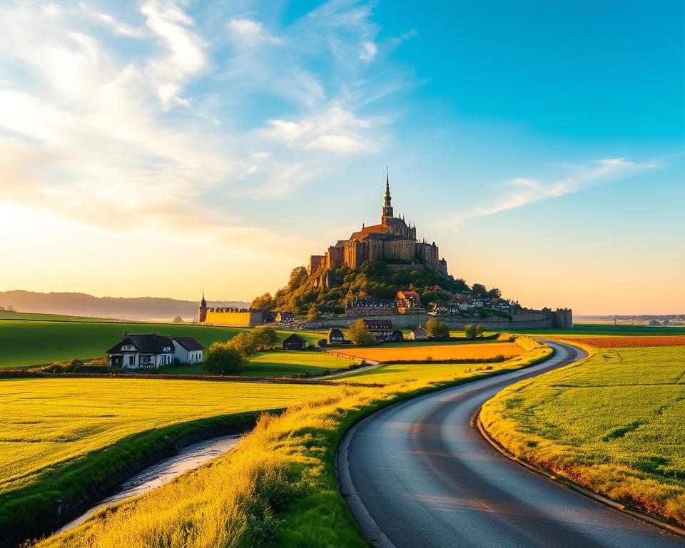 A scenic view of Mont-Saint-Michel, seen from a picturesque German travel route. In the foreground, lush green fields flanked by a winding river, with a quaint country road leading to the horizon. The middle ground features quaint traditional German houses and small villages, symbolizing a journey from Germany to France. In the background, the majestic silhouette of Mont-Saint-Michel rises dramatically against a vivid sky during golden hour, with warm sunlight illuminating the abbey and its stone walls. The atmosphere is serene and inviting, capturing the anticipation of travel. A soft focus lens effect enhances the dreamy quality of the landscape, conveying a sense of adventure and discovery. The scene is designed without any people or text, creating a peaceful ambiance that encourages exploration. A scenic view of Mont-Saint-Michel, seen from a picturesque German travel route. In the foreground, lush green fields flanked by a winding river, with a quaint country road leading to the horizon. The middle ground features quaint traditional German houses and small villages, symbolizing a journey from Germany to France. In the background, the majestic silhouette of Mont-Saint-Michel rises dramatically against a vivid sky during golden hour, with warm sunlight illuminating the abbey and its stone walls. The atmosphere is serene and inviting, capturing the anticipation of travel. A soft focus lens effect enhances the dreamy quality of the landscape, conveying a sense of adventure and discovery. The scene is designed without any people or text, creating a peaceful ambiance that encourages exploration.