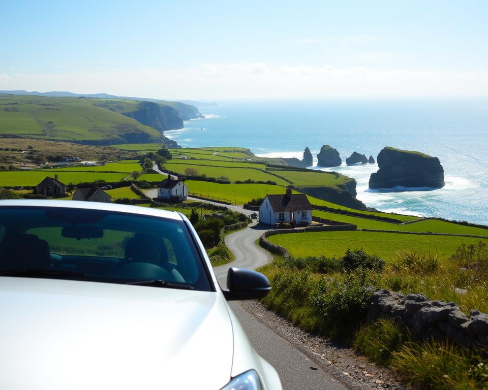 A scenic view of a winding road through the picturesque landscape of Brittany, France, capturing the essence of driving in this beautiful region. In the foreground, a well-maintained car, representing a typical tourist vehicle, is parked on the roadside, allowing for a clear view of the scenery. In the middle, lush green fields and quaint cottages dot the countryside, framed by gently rolling hills under a bright blue sky. The background features dramatic cliffs overlooking the Atlantic Ocean, with crashing waves adding a sense of motion. Soft, natural sunlight bathes the scene, highlighting the vibrant colors of the landscape. The atmosphere is inviting and serene, perfect for an adventurous road trip. A scenic view of a winding road through the picturesque landscape of Brittany, France, capturing the essence of driving in this beautiful region. In the foreground, a well-maintained car, representing a typical tourist vehicle, is parked on the roadside, allowing for a clear view of the scenery. In the middle, lush green fields and quaint cottages dot the countryside, framed by gently rolling hills under a bright blue sky. The background features dramatic cliffs overlooking the Atlantic Ocean, with crashing waves adding a sense of motion. Soft, natural sunlight bathes the scene, highlighting the vibrant colors of the landscape. The atmosphere is inviting and serene, perfect for an adventurous road trip.