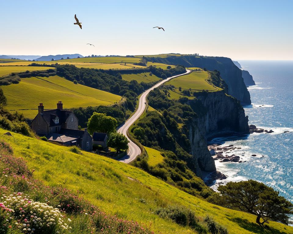 A scenic view of the "Küstenstraße Bretagne," capturing the stunning coastal route of Brittany, France. In the foreground, gently rolling green hills dotted with wildflowers and quaint stone houses. The middle ground showcases the picturesque, winding coastal road lined with lush trees leading to the shimmering blue sea. In the background, dramatic cliffs rise above the ocean, with waves crashing against the rocks and seagulls soaring through the bright sky. The sunlight bathes the scene in a warm, golden hue, enhancing the vibrant colors of the landscape. The composition is captured from a slightly elevated angle, providing a sweeping vista that evokes a sense of adventure and tranquility, perfect for a scenic road trip along the breathtaking coast. A scenic view of the "Küstenstraße Bretagne," capturing the stunning coastal route of Brittany, France. In the foreground, gently rolling green hills dotted with wildflowers and quaint stone houses. The middle ground showcases the picturesque, winding coastal road lined with lush trees leading to the shimmering blue sea. In the background, dramatic cliffs rise above the ocean, with waves crashing against the rocks and seagulls soaring through the bright sky. The sunlight bathes the scene in a warm, golden hue, enhancing the vibrant colors of the landscape. The composition is captured from a slightly elevated angle, providing a sweeping vista that evokes a sense of adventure and tranquility, perfect for a scenic road trip along the breathtaking coast.