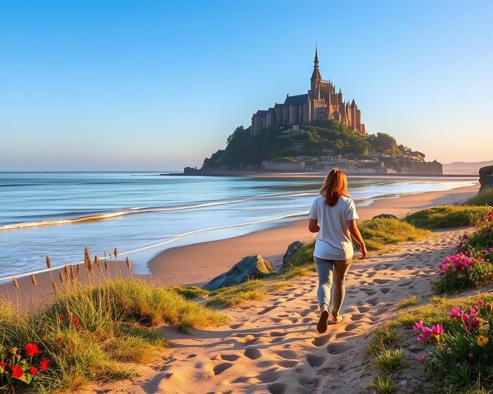 A serene view of Mont-Saint-Michel at dawn, showcasing the historic abbey rising majestically from the water, surrounded by lush greenery and gentle waves. In the foreground, a couple, dressed in modest casual clothing, stroll along a sandy path, leaving footprints behind, symbolizing sustainable travel. The middle ground features vibrant wildflowers and local vegetation, with a soft, golden light illuminating the scene as the sun rises. In the background, a clear blue sky meets the iconic silhouette of Mont-Saint-Michel, reflecting its cultural heritage. The atmosphere is peaceful and harmonious, evoking a sense of connection with nature and the importance of preserving this UNESCO World Heritage site. The lighting should be soft and warm, giving a hopeful and inviting feel to the image. A serene view of Mont-Saint-Michel at dawn, showcasing the historic abbey rising majestically from the water, surrounded by lush greenery and gentle waves. In the foreground, a couple, dressed in modest casual clothing, stroll along a sandy path, leaving footprints behind, symbolizing sustainable travel. The middle ground features vibrant wildflowers and local vegetation, with a soft, golden light illuminating the scene as the sun rises. In the background, a clear blue sky meets the iconic silhouette of Mont-Saint-Michel, reflecting its cultural heritage. The atmosphere is peaceful and harmonious, evoking a sense of connection with nature and the importance of preserving this UNESCO World Heritage site. The lighting should be soft and warm, giving a hopeful and inviting feel to the image.