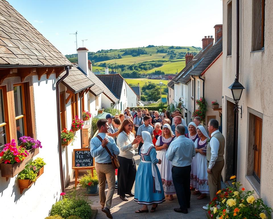 A vibrant scene depicting Breton culture in a picturesque village, featuring traditional Breton homes with wooden beams and colorful flowers adorning the windowsills in the foreground. In the middle ground, a lively local festival showcases people dressed in traditional Breton attire—men in neatly tailored shirts, women in modest, beautifully embroidered dresses and bonnets—celebrating with music and dance. The background reveals lush green hills and a clear blue sky, with hints of coastal elements. Soft, warm lighting enhances the atmosphere, creating a joyful, inviting mood that embodies the rich traditions and community spirit of Brittany. Use a wide-angle lens to capture the entire scene in vivid detail, ensuring a clear focus on the interactions among festival-goers without any text or overlays. A vibrant scene depicting Breton culture in a picturesque village, featuring traditional Breton homes with wooden beams and colorful flowers adorning the windowsills in the foreground. In the middle ground, a lively local festival showcases people dressed in traditional Breton attire—men in neatly tailored shirts, women in modest, beautifully embroidered dresses and bonnets—celebrating with music and dance. The background reveals lush green hills and a clear blue sky, with hints of coastal elements. Soft, warm lighting enhances the atmosphere, creating a joyful, inviting mood that embodies the rich traditions and community spirit of Brittany. Use a wide-angle lens to capture the entire scene in vivid detail, ensuring a clear focus on the interactions among festival-goers without any text or overlays.