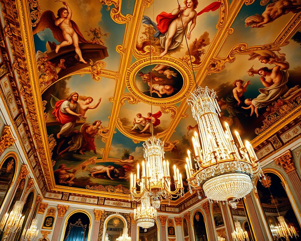 An opulent interior of the Palace of Versailles, showcasing stunning ceiling frescoes that depict elaborate mythological scenes and celestial motifs. The foreground features intricate gold leaf detailing, shimmering softly in the light. In the middle ground, a grand chandelier hangs majestically, casting warm, inviting light over the ornate decorations. The background reveals the expansive, opulent walls adorned with rich tapestries and mirrors reflecting the lavish surroundings. The atmosphere is one of grandeur and artistic mastery, embodying the ultimate expression of Baroque aesthetics. The lighting is soft and diffused, creating a luminous ambiance that enhances the colors of the frescoes. Captured from a low angle to emphasize the height and splendor of the decorations, evoking a sense of awe and admiration. The scene is devoid of human figures or any textual elements, focusing solely on the artistry of Versailles. An opulent interior of the Palace of Versailles, showcasing stunning ceiling frescoes that depict elaborate mythological scenes and celestial motifs. The foreground features intricate gold leaf detailing, shimmering softly in the light. In the middle ground, a grand chandelier hangs majestically, casting warm, inviting light over the ornate decorations. The background reveals the expansive, opulent walls adorned with rich tapestries and mirrors reflecting the lavish surroundings. The atmosphere is one of grandeur and artistic mastery, embodying the ultimate expression of Baroque aesthetics. The lighting is soft and diffused, creating a luminous ambiance that enhances the colors of the frescoes. Captured from a low angle to emphasize the height and splendor of the decorations, evoking a sense of awe and admiration. The scene is devoid of human figures or any textual elements, focusing solely on the artistry of Versailles.